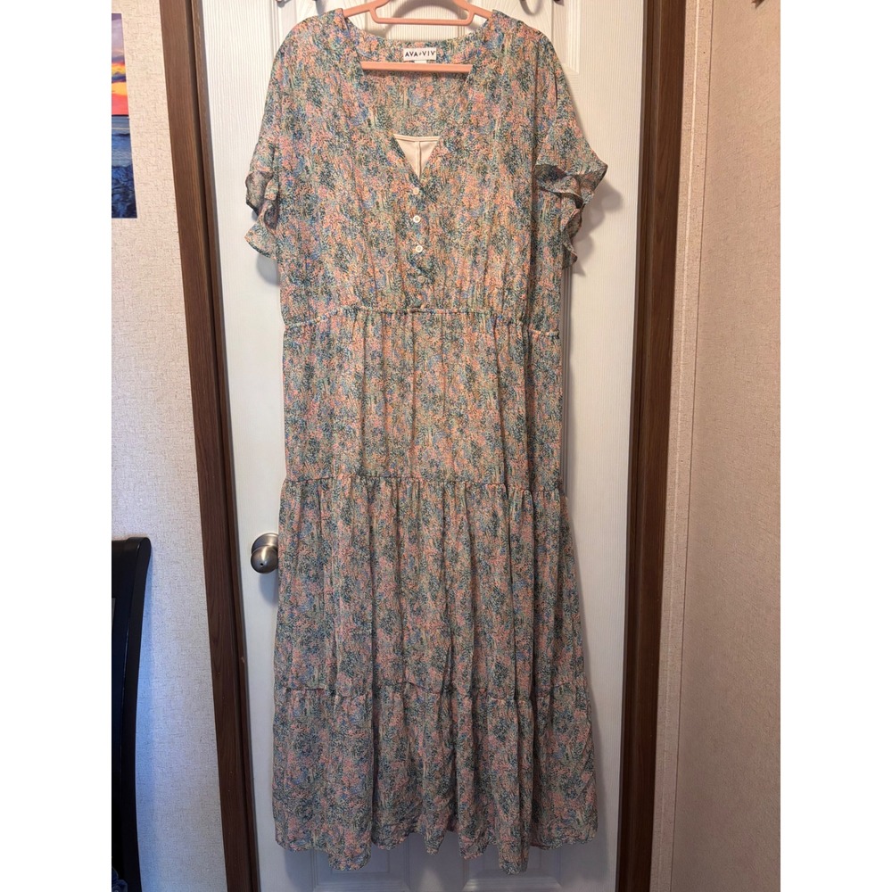 Ava & Viv Women 2X Floral Maxi Dress Flutter Sleeve Tiered V-Neck Pink Blue